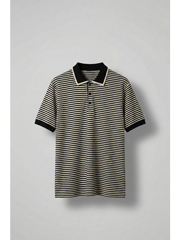 Abluka Online Erkek Regular Fit Çizgili Polo Yaka Örme T-Shirt Siyah