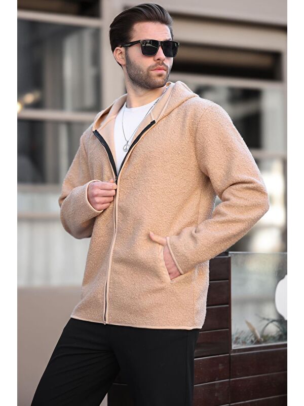 Madmext Bej   Pelüş Erkek Polar Fermuarlı Sweatshirt Hırka E7080