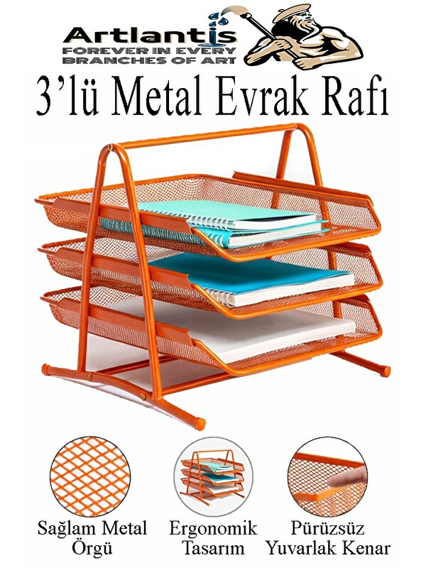Artlantis Renkli Metal Evrak Rafı 3 lü 1 Paket Masa Üstü A4 Dosya Düzenleyici