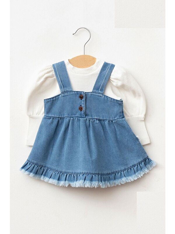 Cantoy Kız Bebek Püsküllü Jean Jile Elbise Balon Bluz Lüks Jean Takım