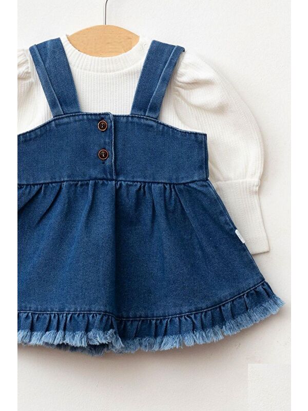 Cantoy Kız Bebek Püsküllü Jean Jile Elbise Balon Bluz Lüks Jean Takım