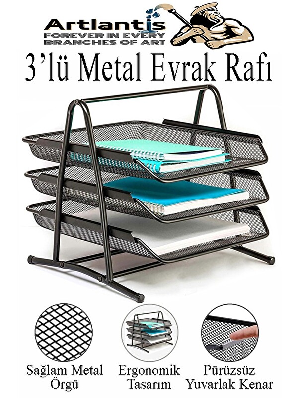 Artlantis Renkli Metal Evrak Rafı 3 lü 1 Paket Masa Üstü A4 Dosya Düzenleyici