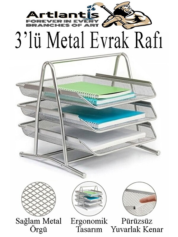 Artlantis Renkli Metal Evrak Rafı 3 lü 1 Paket Masa Üstü A4 Dosya Düzenleyici