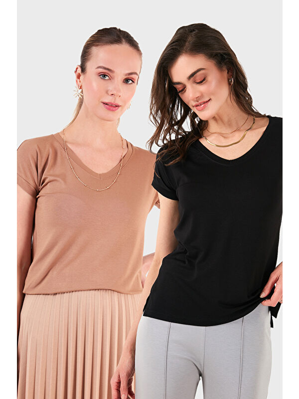 Lela V Yaka Relaxed Fit Yırtmaç Detaylı 2'li Paket Bluz 5862000S2