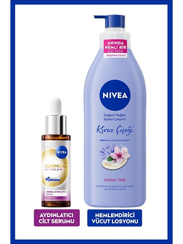 NIVEA Luminous630 Skin Glow Anında Aydınlatıcı Serum 30ml ve Kiraz Çiçeği Nemlendirici Vücut Losyon 400ml