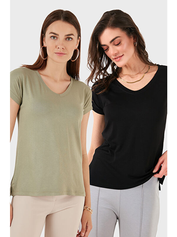 Lela V Yaka Relaxed Fit Yırtmaç Detaylı 2'li Paket Bluz 5862000S2