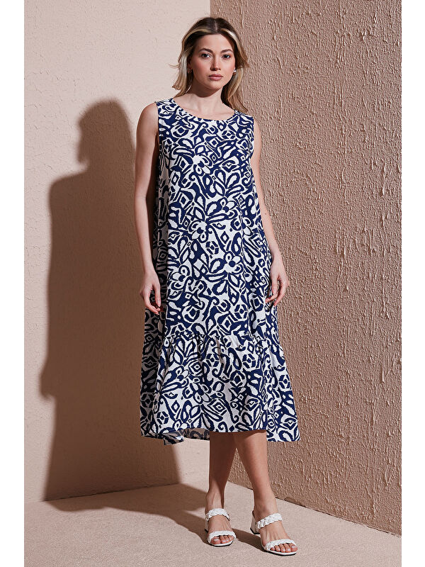 Fashion Friends Desenli Rahat Kalıp Bisiklet Yaka Midi Elbise 26Y0458K1