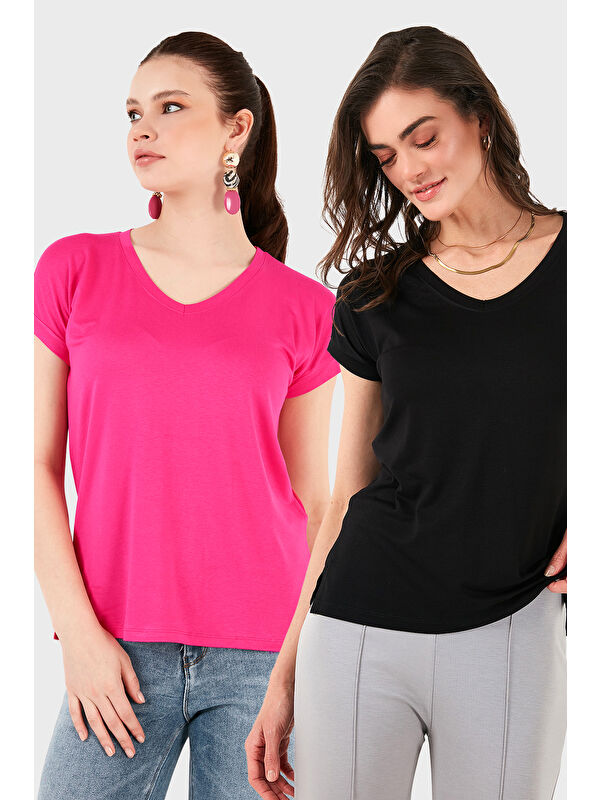 Lela V Yaka Relaxed Fit Yırtmaç Detaylı 2'li Paket Bluz 5862000S2