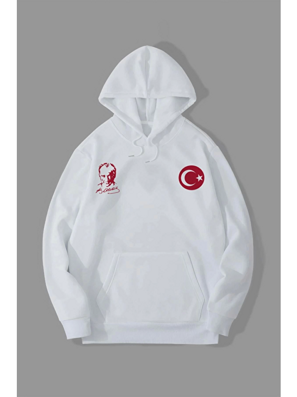 Jane's 10 Kasıma Özel Üç İplik Kapüşonlu Baskılı SweatShirt - Beyaz