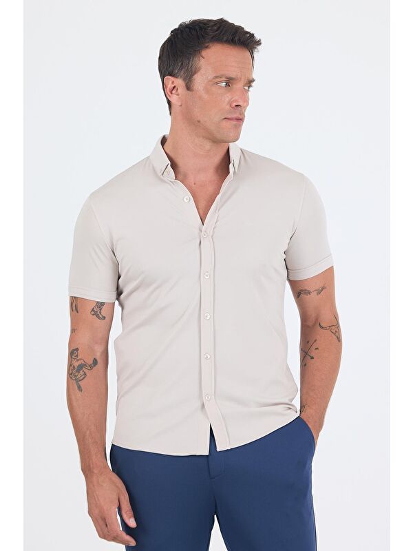 İMZA Taş Rengi İtalyan Düğmeli Yaka Kısa Kol Cepsiz Slim Fit Büyük Beden Gömlek 1004250255