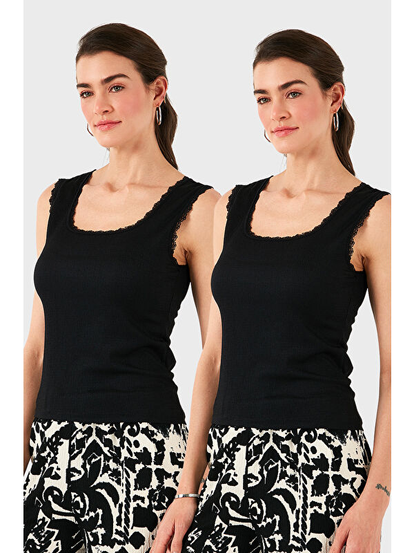 Lela Slim Fit Kalın Dantelli Kare Yaka Bürümcük 2'li Paket Atlet 5864979S2