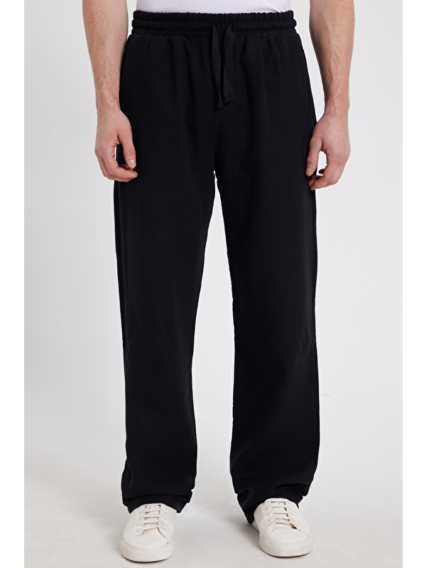 TUDORS Erkek Baggy Fit Geniş Kesim %100 Pamuk Beli Lastikli Yandan Cepli Müslin Siyah Düz Pantolon