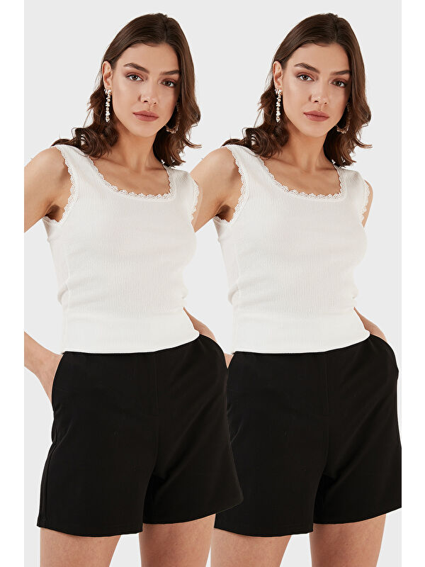 Lela Slim Fit Kalın Dantelli Kare Yaka Bürümcük 2'li Paket Atlet 5864979S2