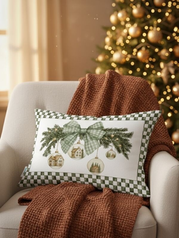 Evmila Yılbaşı Süsü Desen Kadife Dikdörtgen Kırlent Kılıfı 35x55 cm Çift Taraf Baskılı Fermuarlı