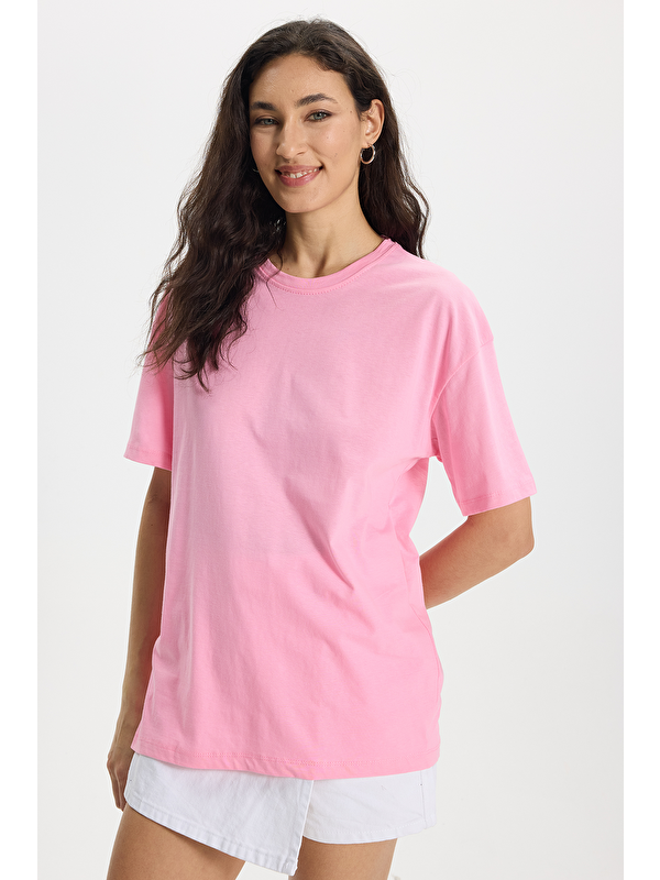 TUDORS Kadın Slim Fit Dar Kesim %100 Pamuk Kısa Kollu Bisiklet Yaka Pembe Tişört