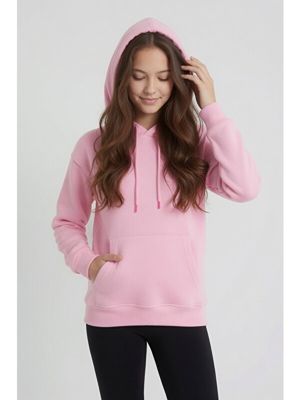 Cansın Mini Pembe Kız Çocuk Kanguru Cepli Şardonlu Kapüşonlu Sweatshirt 24688
