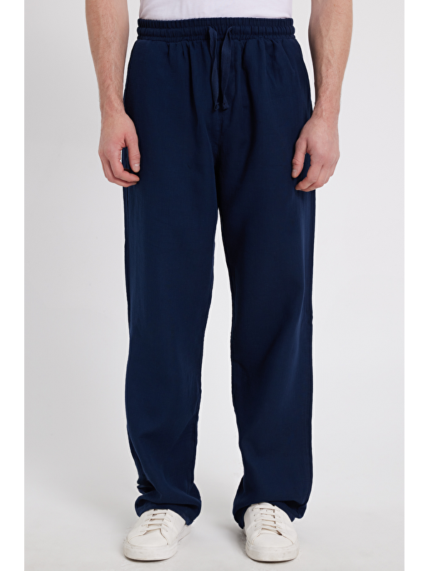 TUDORS Erkek Baggy Fit Geniş Kesim %100 Pamuk Beli Lastikli Yandan Cepli Müslin Lacivert Düz Pantolon