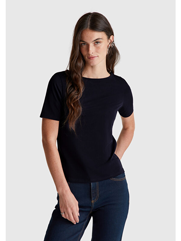 United Colors Of Benetton Kadın Lacivert Pamuk Karışımlı Örme Slim Fit Geniş Yaka T-Shirt