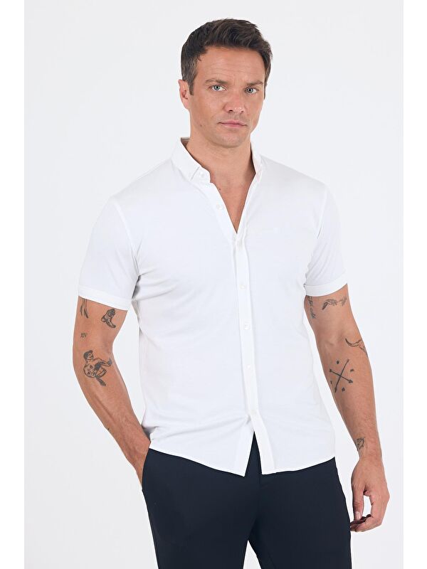 İMZA Beyaz İtalyan Düğmeli Yaka Kısa Kol Cepsiz Slim Fit Gömlek 1004250255