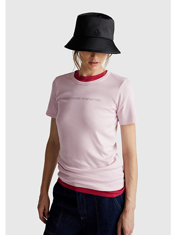 United Colors Of Benetton Kadın Açık Pembe %100 Pamuk Benetton Yazılı Basic T-Shirt