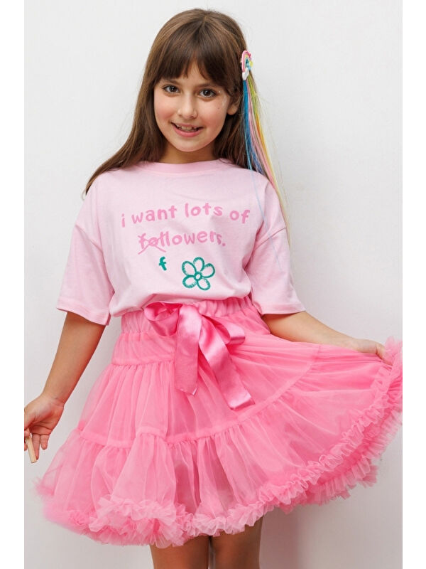 Le Mabelle Pembe Çiçek Baskılı Kız Çocuk Tişört