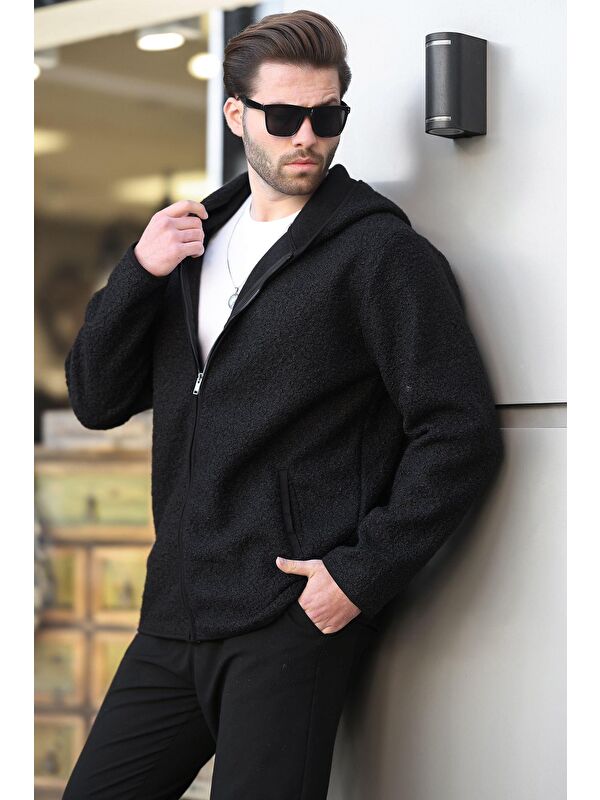 Madmext Siyah   Pelüş Erkek Polar Fermuarlı Sweatshirt Hırka E7080