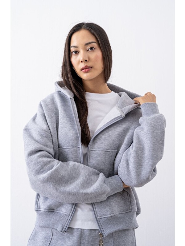 gothamVibes Kadın Chill Oversize Gri Fermuarlı Sweatshirt
