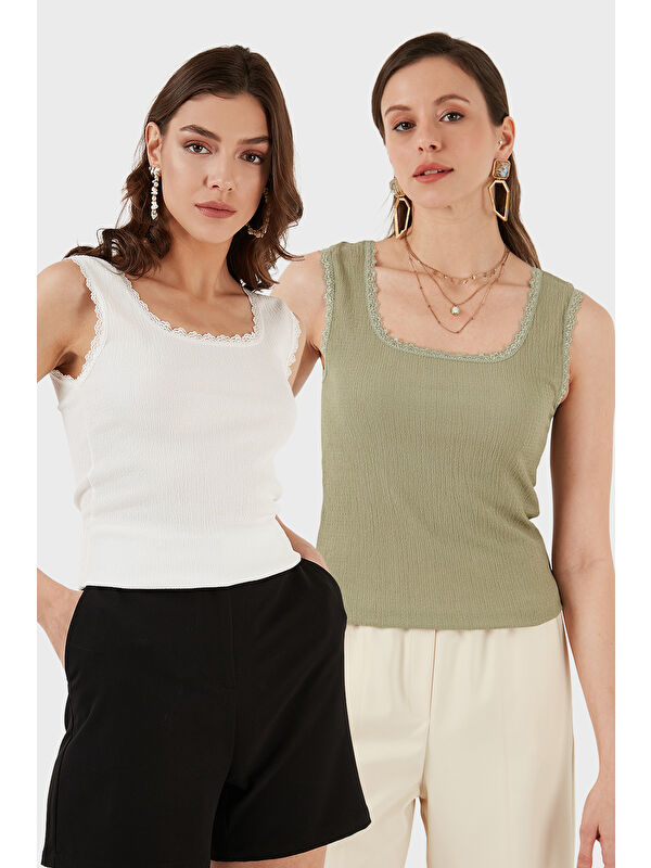 Lela Slim Fit Kalın Dantelli Kare Yaka Bürümcük 2'li Paket Atlet 5864979S2