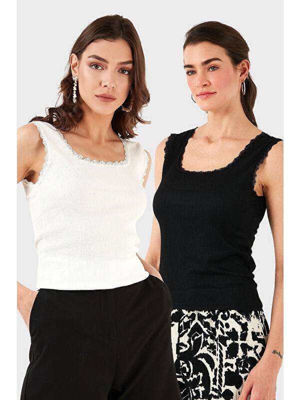 Lela Slim Fit Kalın Dantelli Kare Yaka Bürümcük 2'li Paket Atlet 5864979S2