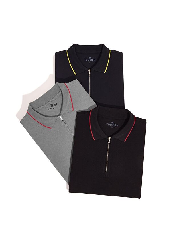 TUDORS Erkek 3'Lü Paket Lacivert-Gri-Siyah Slim Fit Dar Kesim Pamuklu Düz Fermuarlı Pike Polo Yaka Tişört
