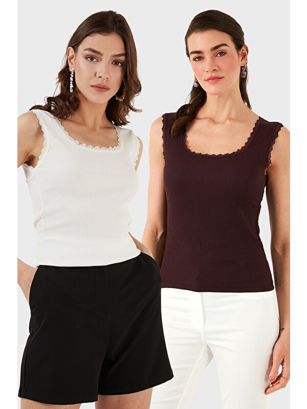 Lela Slim Fit Kalın Dantelli Kare Yaka Bürümcük 2'li Paket Atlet 5864979S2