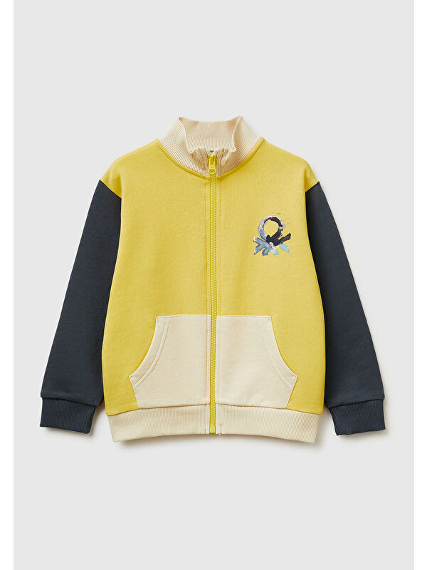 United Colors Of Benetton Erkek Çocuk Logo Baskılı Cepli Fermuarlı Dik Yaka Sweatshirt