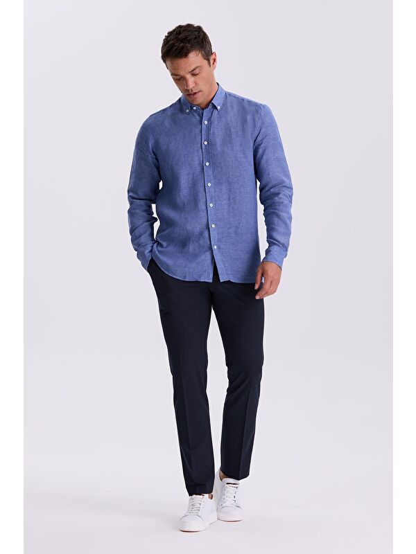 JAKAMEN Saks %100 Keten Düğmeli Yaka Comfort Fit Gömlek