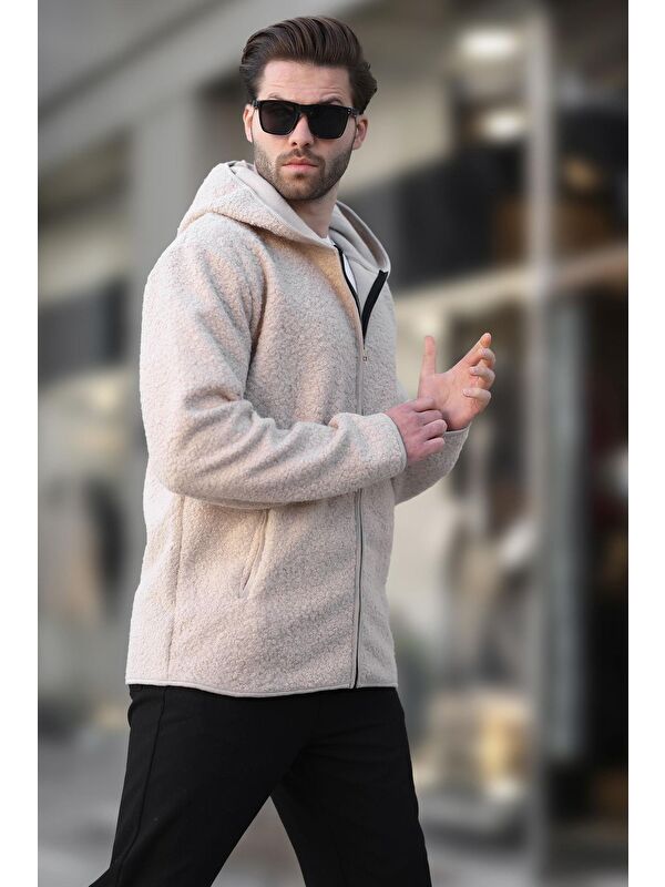Madmext Ekru   Pelüş Erkek Polar Fermuarlı Sweatshirt Hırka E7080