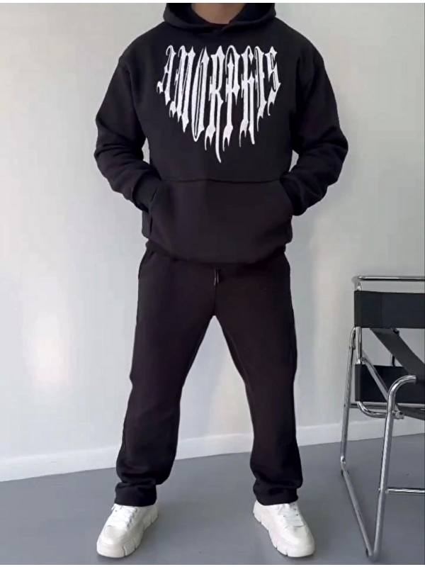 Jane's Uzun Kol Kapüşonlu Baskılı SweatShirt - Siyah