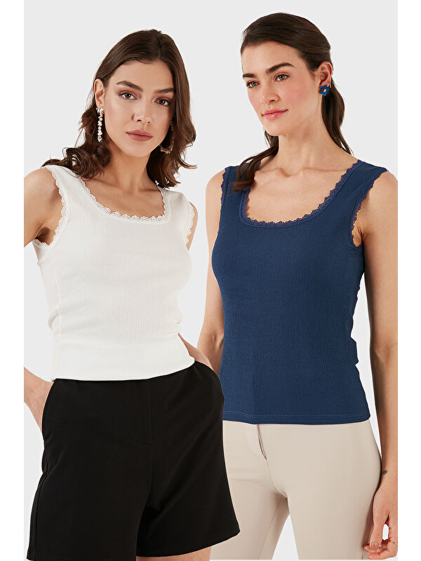 Lela Slim Fit Kalın Dantelli Kare Yaka Bürümcük 2'li Paket Atlet 5864979S2