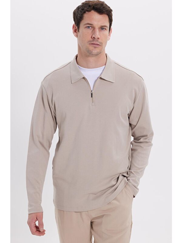TUDORS Erkek Relax Fit Rahat Kesim %100 Pamuk Yarım Fermuarlı Polo Yaka İnterlok Taş Sweatshirt