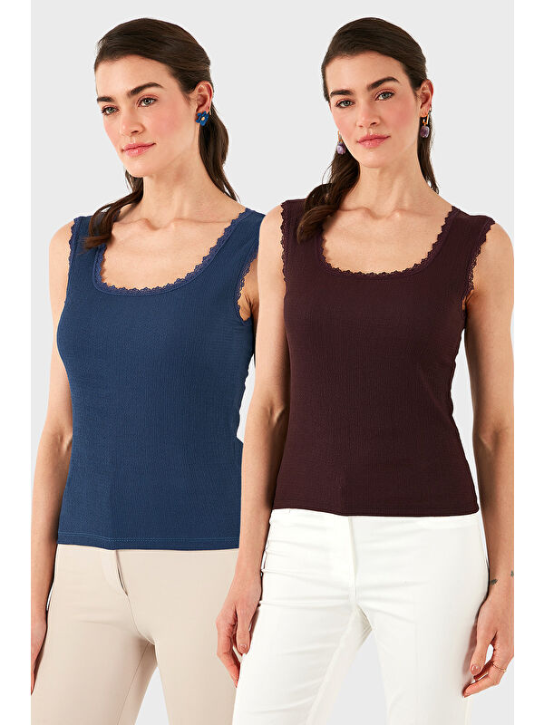 Lela Slim Fit Kalın Dantelli Kare Yaka Bürümcük 2'li Paket Atlet 5864979S2