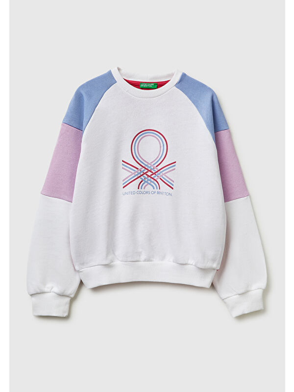 United Colors Of Benetton Kız Çocuk Renkli Renkli Baskılı Kontrast Detaylı Logolu Bisiklet Yaka Sweatshirt