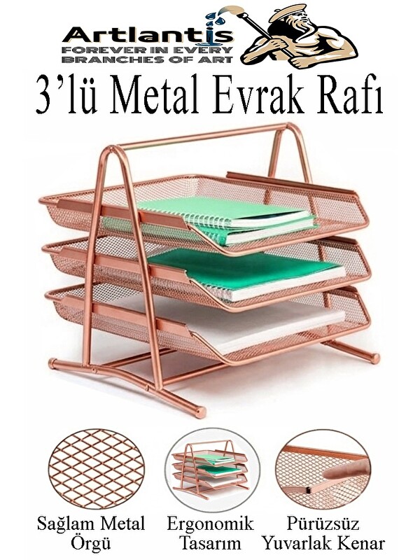 Artlantis Renkli Metal Evrak Rafı 3 lü 1 Paket Masa Üstü A4 Dosya Düzenleyici