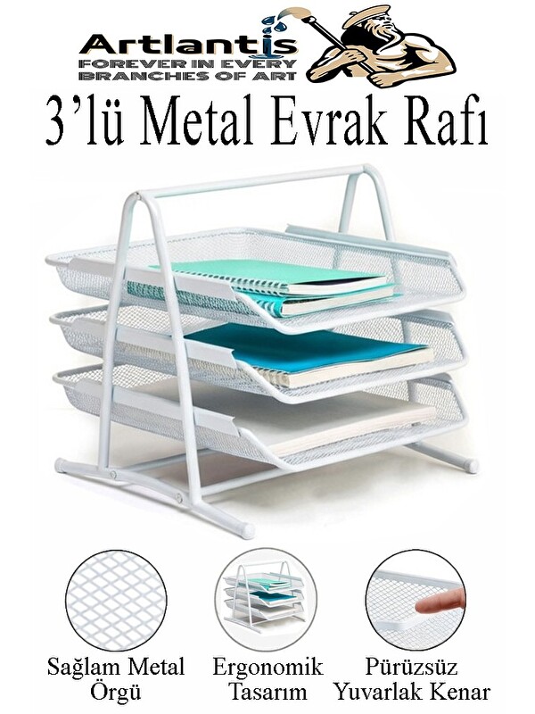 Artlantis Renkli Metal Evrak Rafı 3 lü 1 Paket Masa Üstü A4 Dosya Düzenleyici