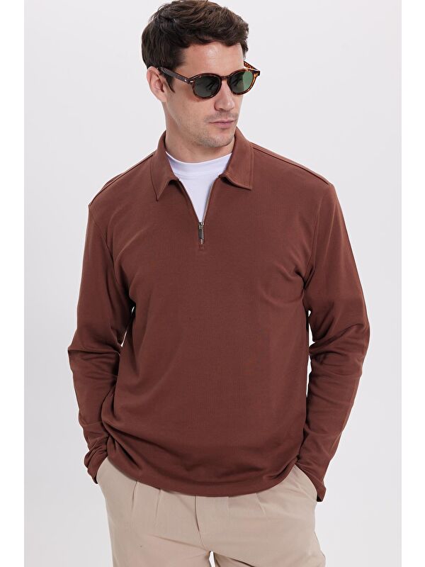 TUDORS Erkek Relax Fit Rahat Kesim %100 Pamuk Yarım Fermuarlı Polo Yaka İnterlok Kahverengi Sweatshirt