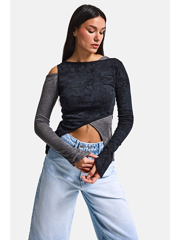 It's Basic Kadın Siyah w5 Çift Parça Asimetrik Kesim Özel Tasarım Body