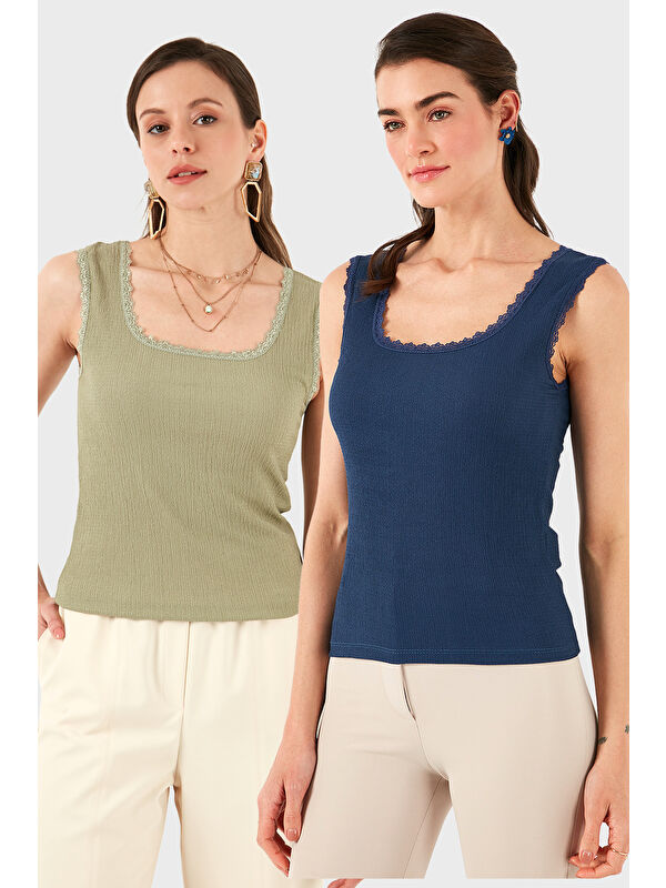 Lela Slim Fit Kalın Dantelli Kare Yaka Bürümcük 2'li Paket Atlet 5864979S2