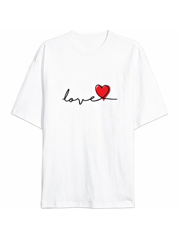 Jane's Sevgililer Günü İçin Özel Tasarım Love Baskılı T-shirt - Beyaz