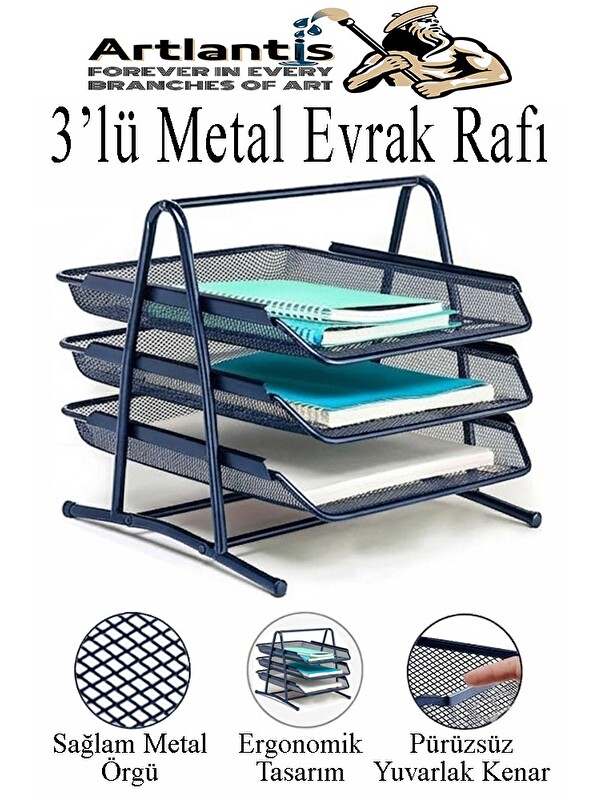 Artlantis Renkli Metal Evrak Rafı 3 lü 1 Paket Masa Üstü A4 Dosya Düzenleyici