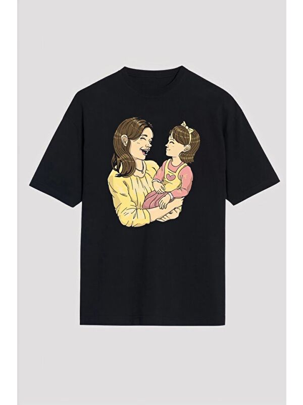 Jane's Anneler Gününe Özel Tasarım Anne Kız Baskılı T-shirt - Siyah