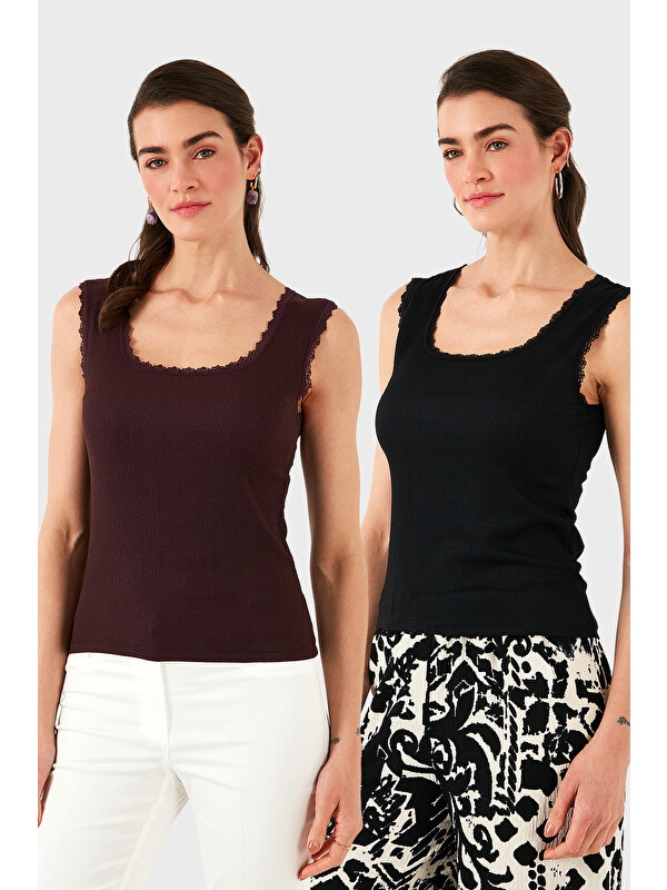 Lela Slim Fit Kalın Dantelli Kare Yaka Bürümcük 2'li Paket Atlet 5864979S2