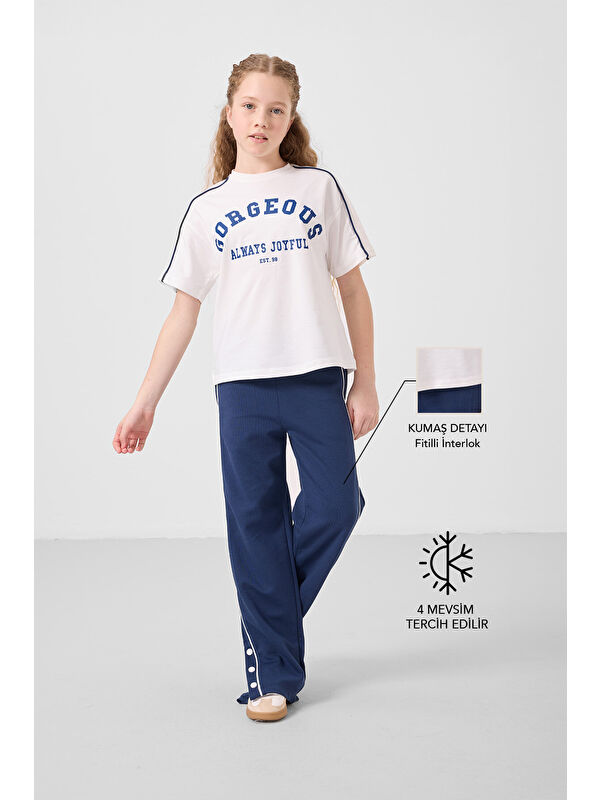 Tommylife Ekru-Parlament O Yaka Baskılı Geniş Paça Çıt Çıt Detaylı Kız Çocuk Palazzo Eşofman Takım - 75172