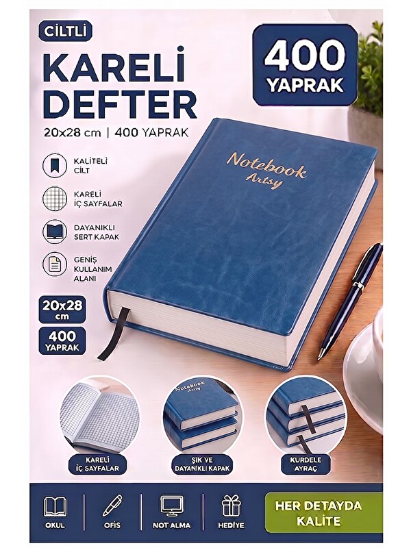 Artlantis Ciltli Kareli Defter 400 Yaprak 20x28cm 1 Adet Sert Kapaklı Not Hesap Defteri